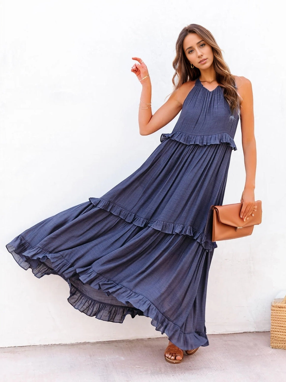 Ruffled Sleeveless Tiered Maxi Dress with Pockets - Elegant Aura Boutique