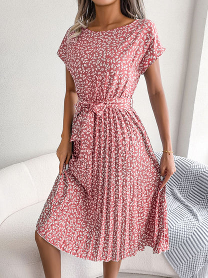 Floral Pleated Belted Dress