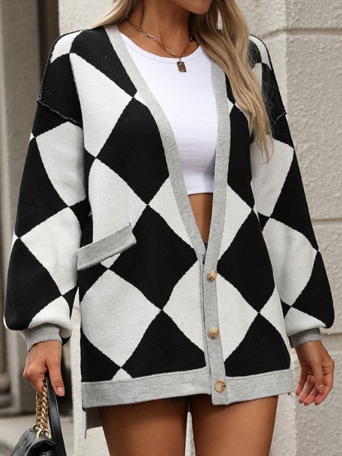 Checkered Dropped Shoulder Cardigan