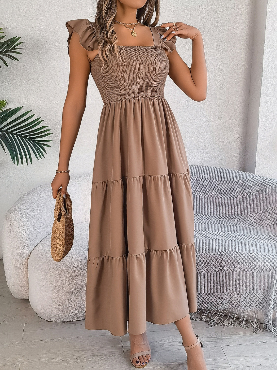 Smocked Square Neck Cap Sleeve Midi Dress - Elegant Aura Boutique