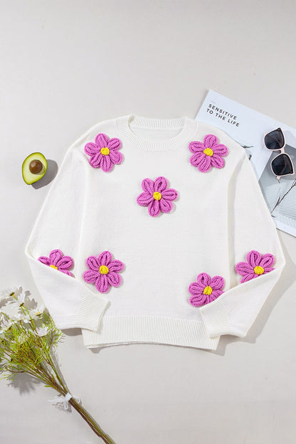 Flower Round Neck Long Sleeve Sweater