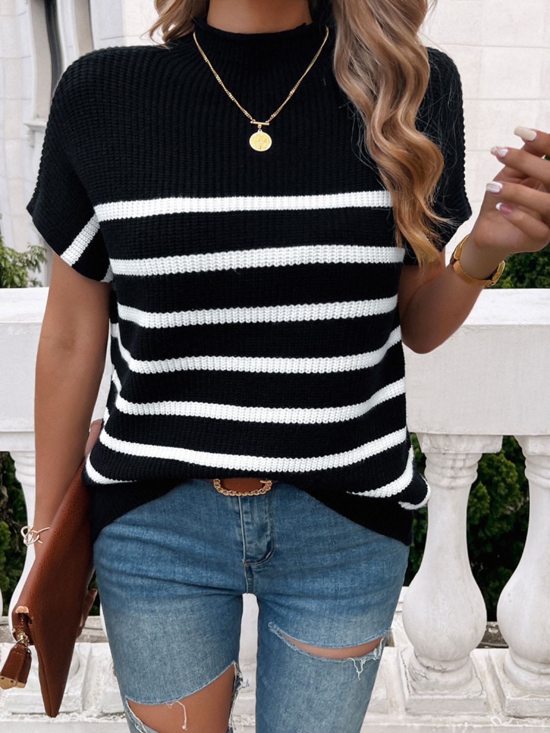 Striped Mock Neck Knit Top