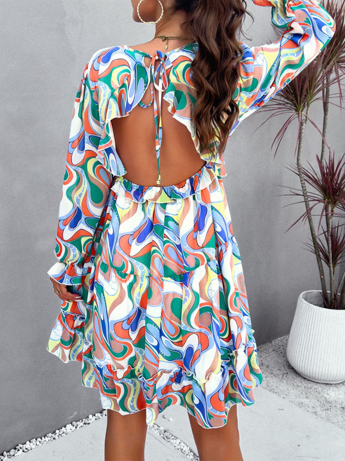 Backless Printed Flounce Dress - Elegant Aura Boutique