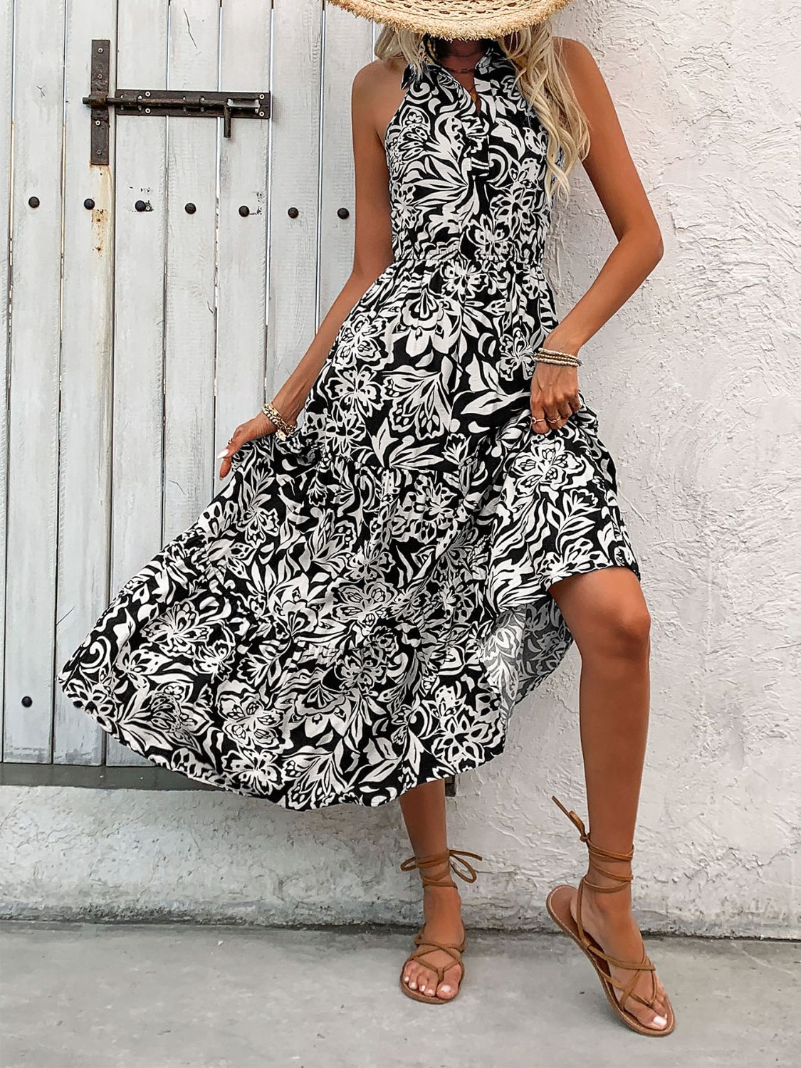 Backless Smocked Printed Midi Dress