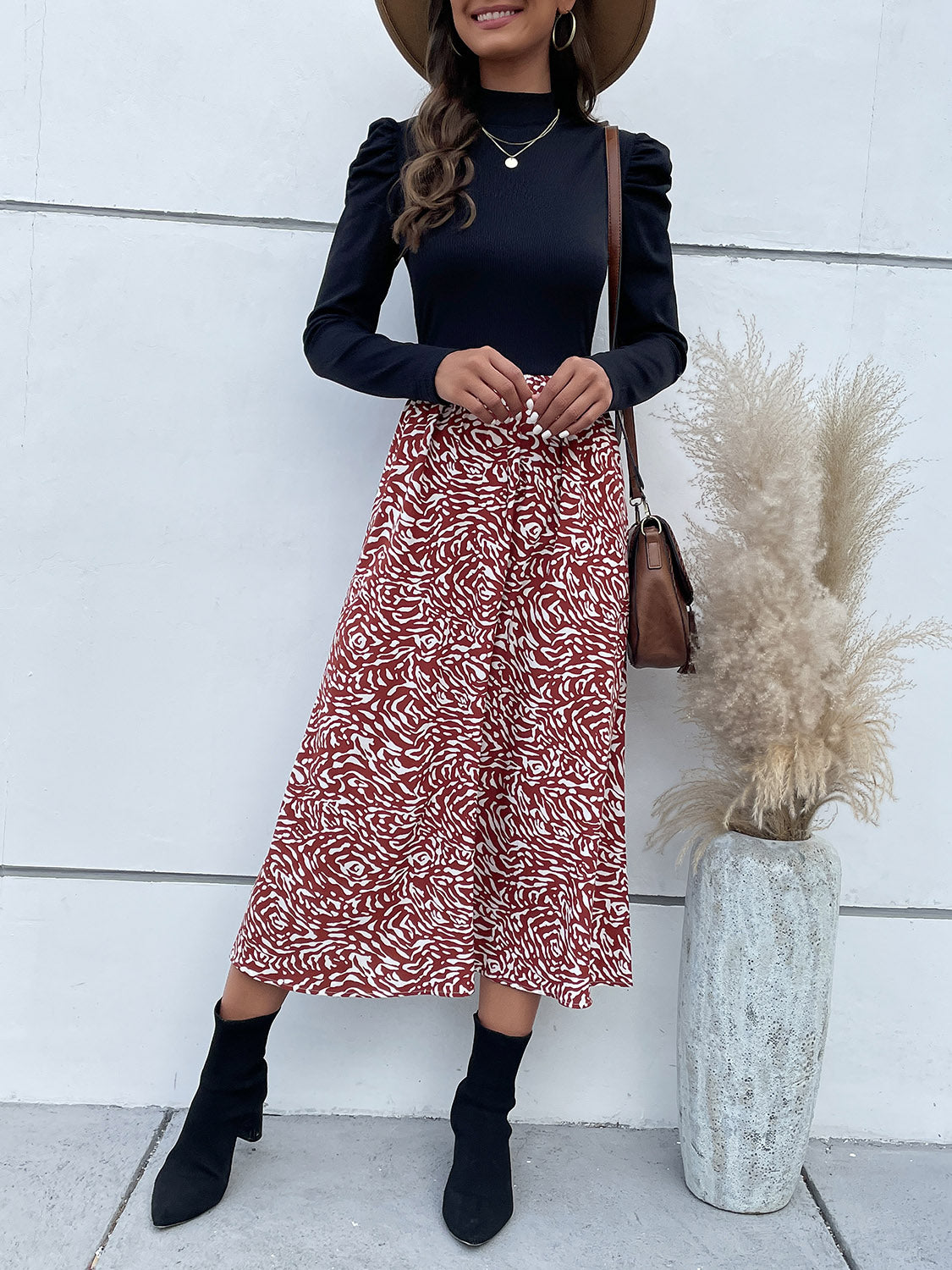 Printed Puff Sleeve Midi Dress