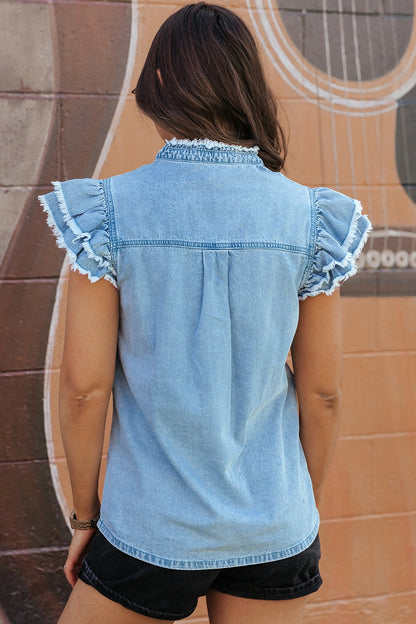 Raw Hem Button Up Denim Top