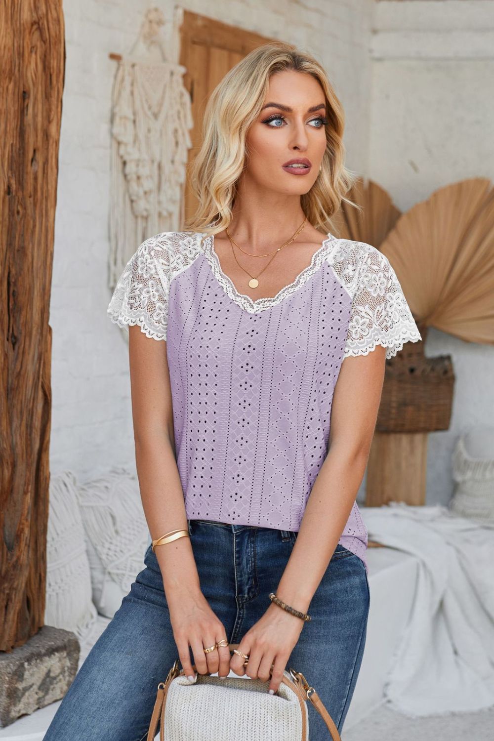 V-Neck Lace Short Sleeve T-Shirt