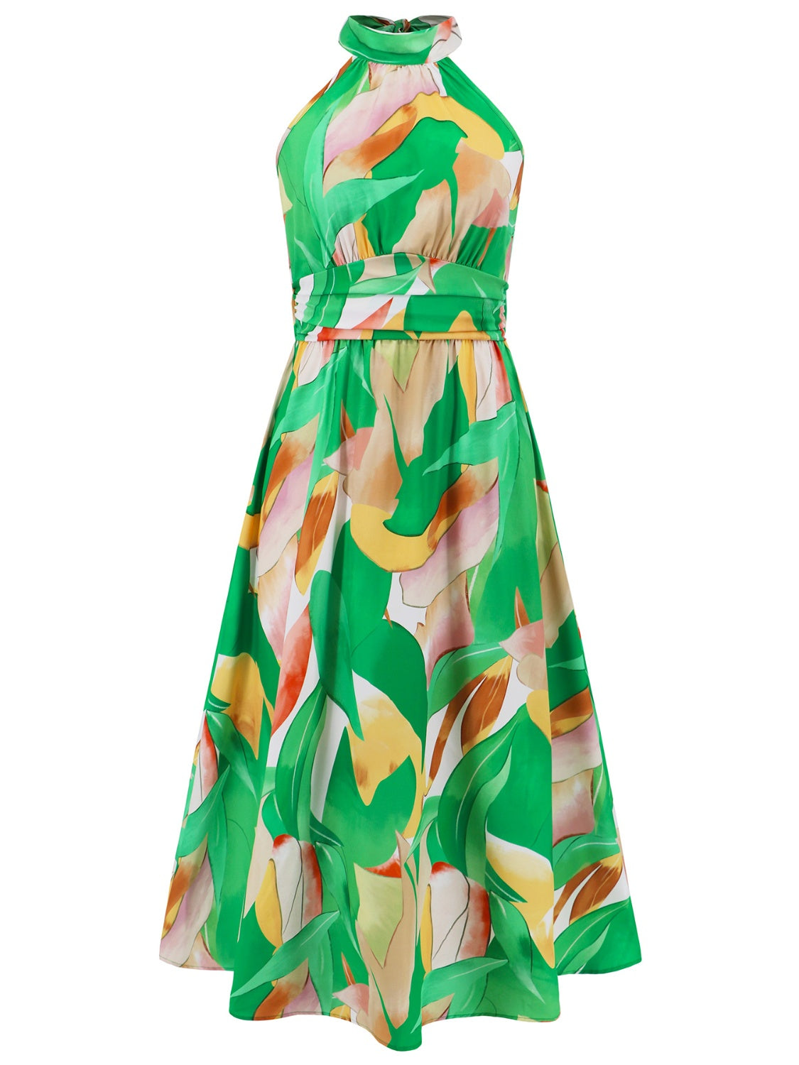 Ruched Printed Halter Neck Sleeveless Dress - Elegant Aura Boutique