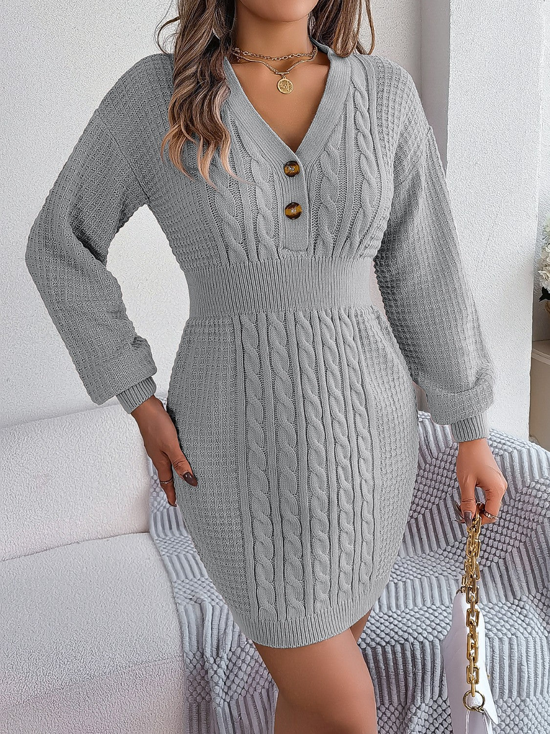 Buttoned Cable-Knit V-Neck Dress