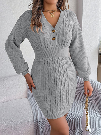 Buttoned Cable-Knit V-Neck Dress