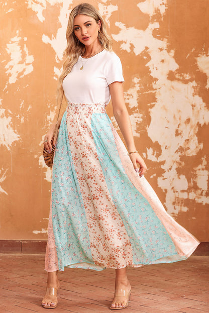 Floral Color Block Smocked Waist Maxi Skirt - Elegant Aura Boutique