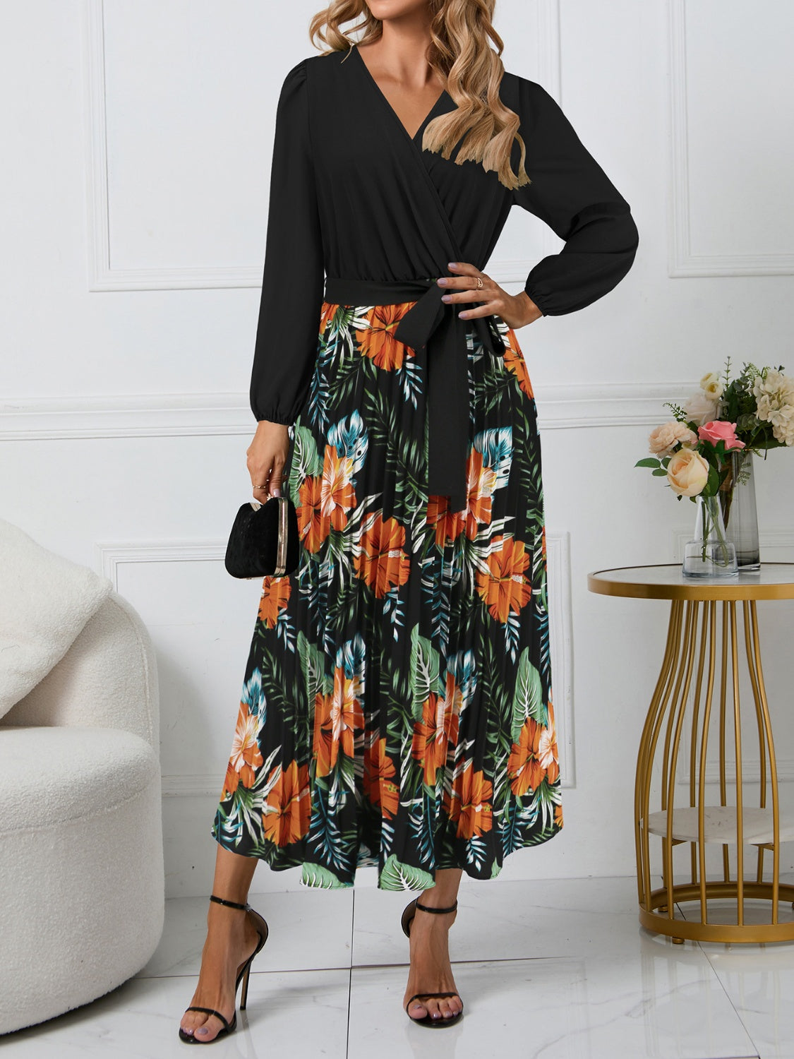 Printed Surplice Long Sleeve Dress