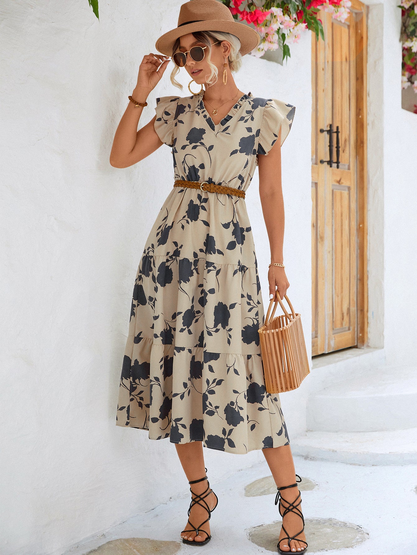 Frill Trim V-Neck Tiered Midi Dress