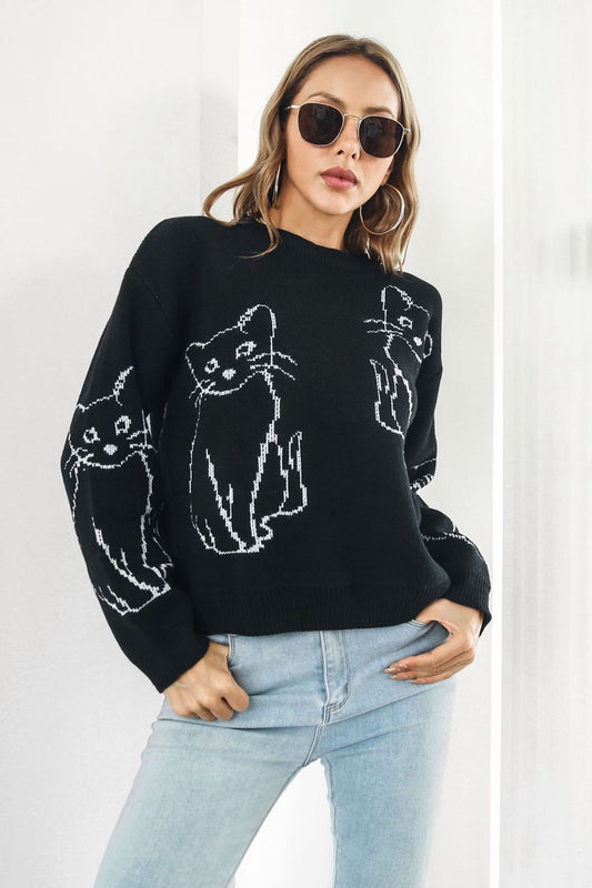 Cat Pattern Round Neck Sweater