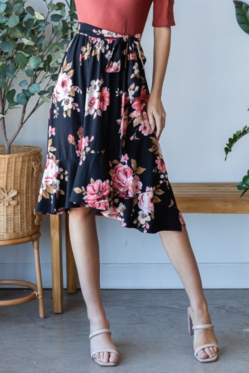 Floral Wrap Ruffle Hem Skirt - Elegant Aura Boutique