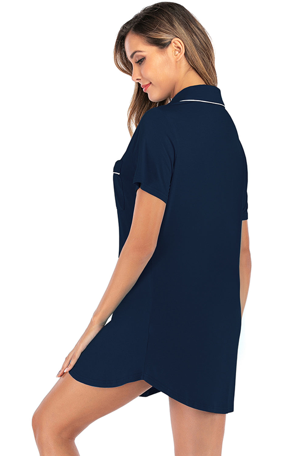 Piping Pocketed Short Sleeve Lounge Dress - Elegant Aura Boutique