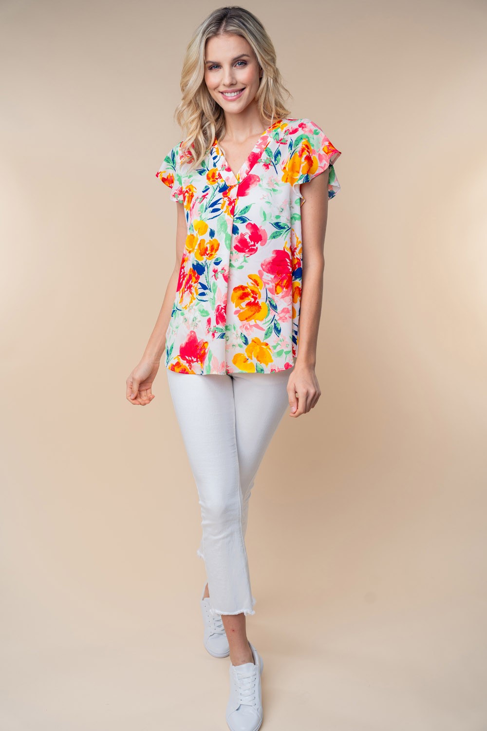 White Birch Full Size Floral Woven Top