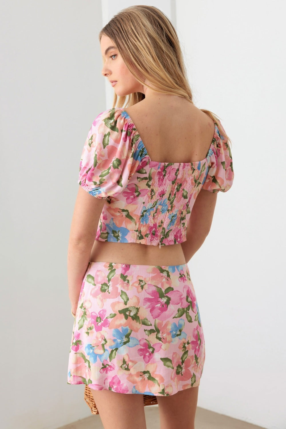 Floral Puff Sleeve Crop Top and Mini Skirt Set