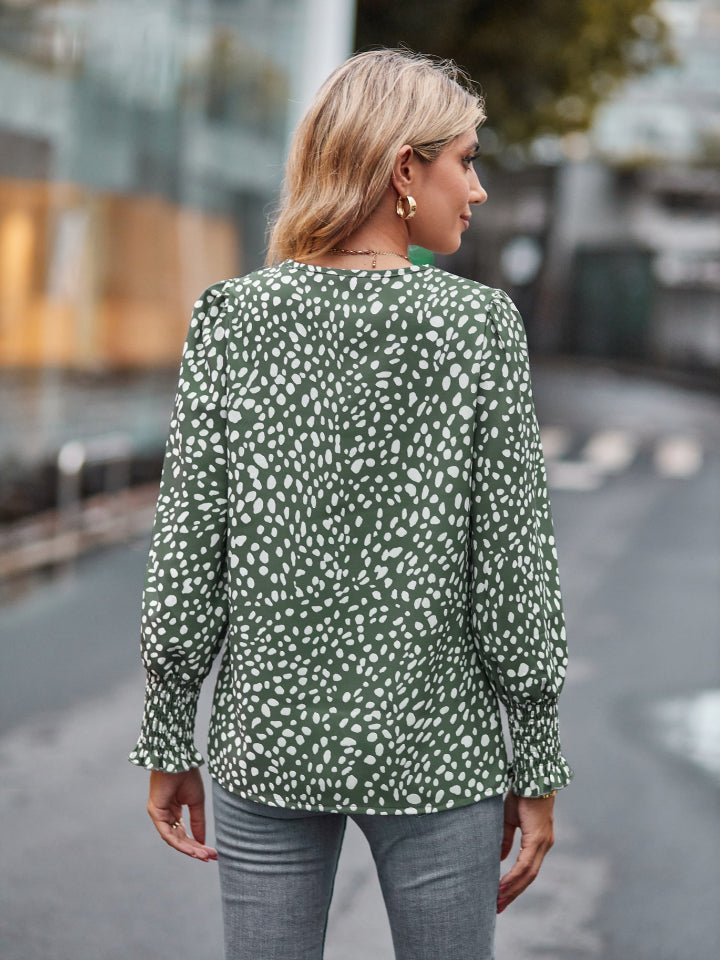 Stylish Printed V-Neck Lantern Sleeve Blouse