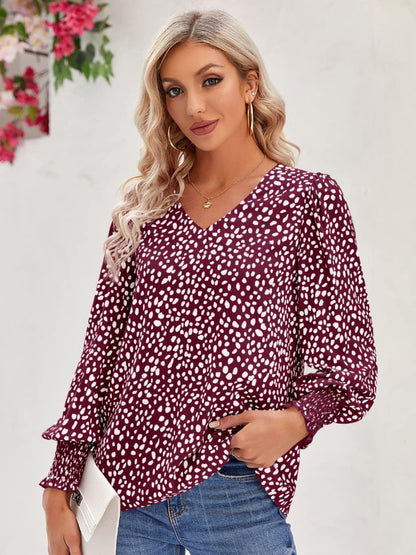 Stylish Printed V-Neck Lantern Sleeve Blouse