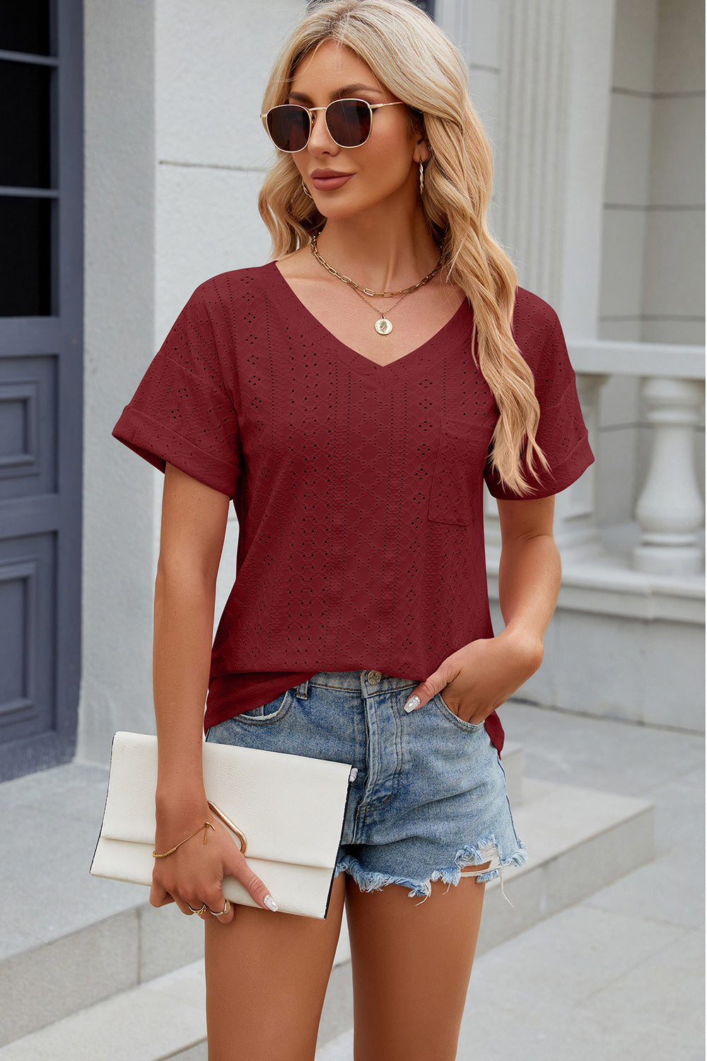 Eyelet V-Neck Short Sleeve Blouse