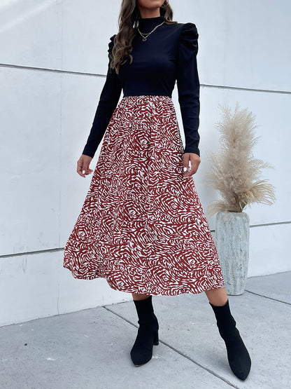 Printed Puff Sleeve Midi Dress