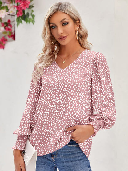 Stylish Printed V-Neck Lantern Sleeve Blouse