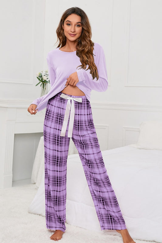 Long Sleeve Top and Bow Plaid Pants Lounge Set