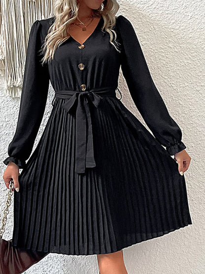 Decorative Button Pleated Dress