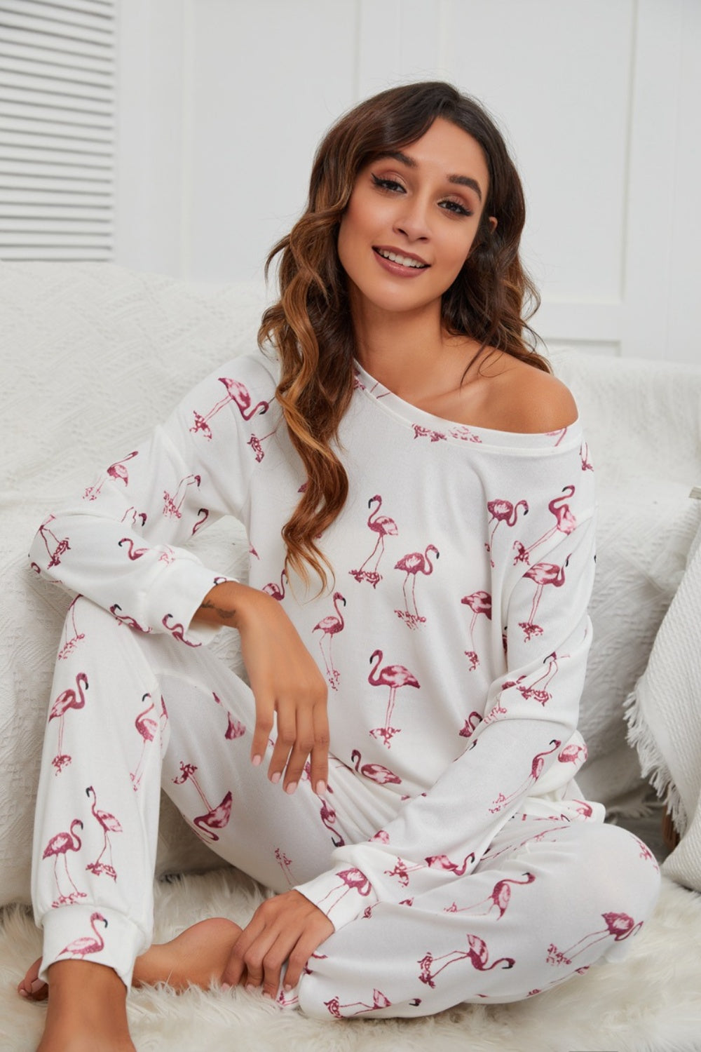 Flamingo Long Sleeve Top and Pants Lounge Set - Elegant Aura Boutique