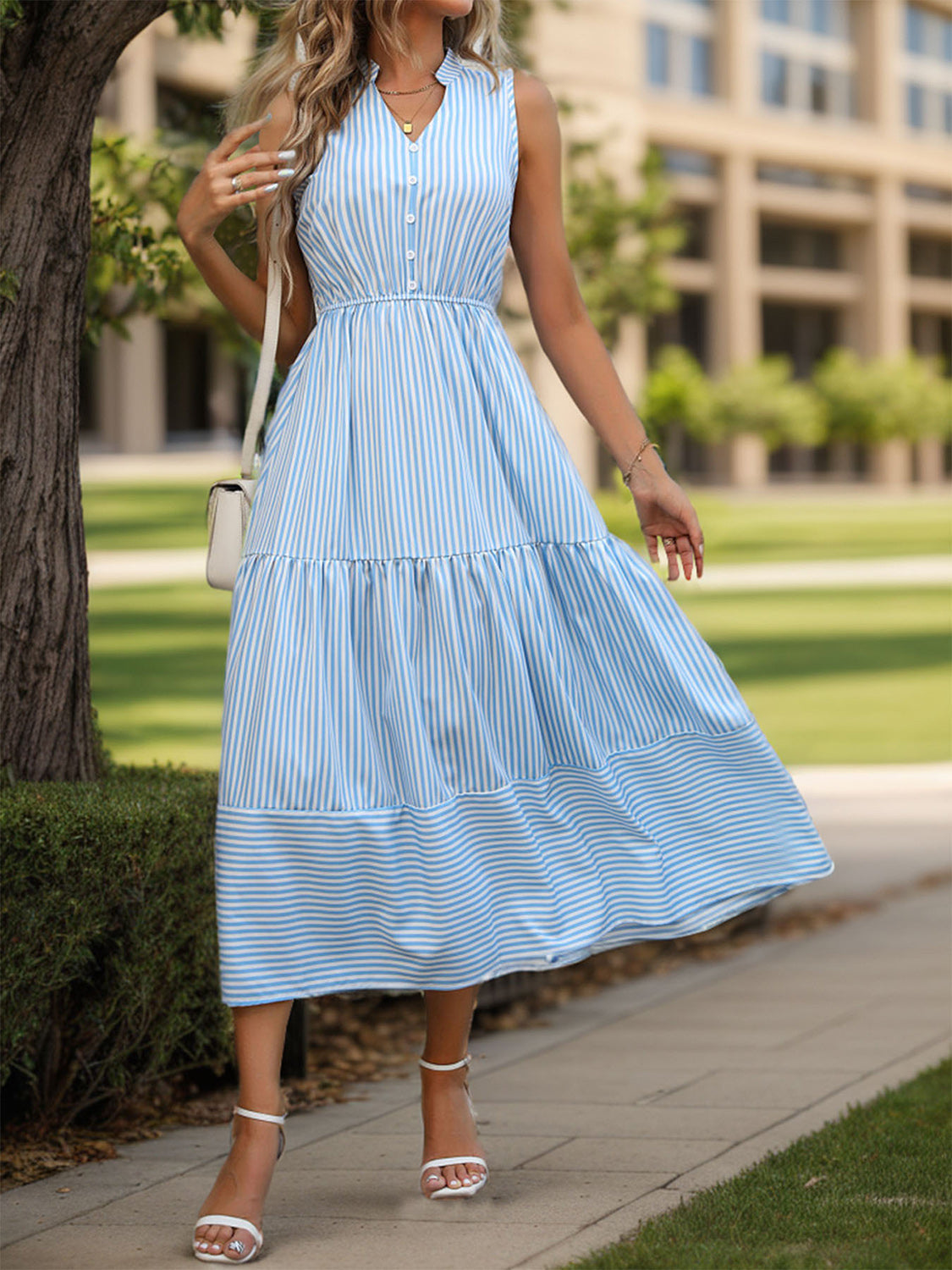 Striped Notched Sleeveless Midi Dress - Elegant Aura Boutique