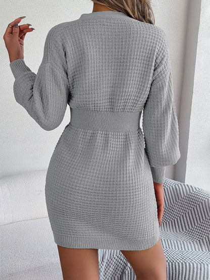 Buttoned Cable-Knit V-Neck Dress