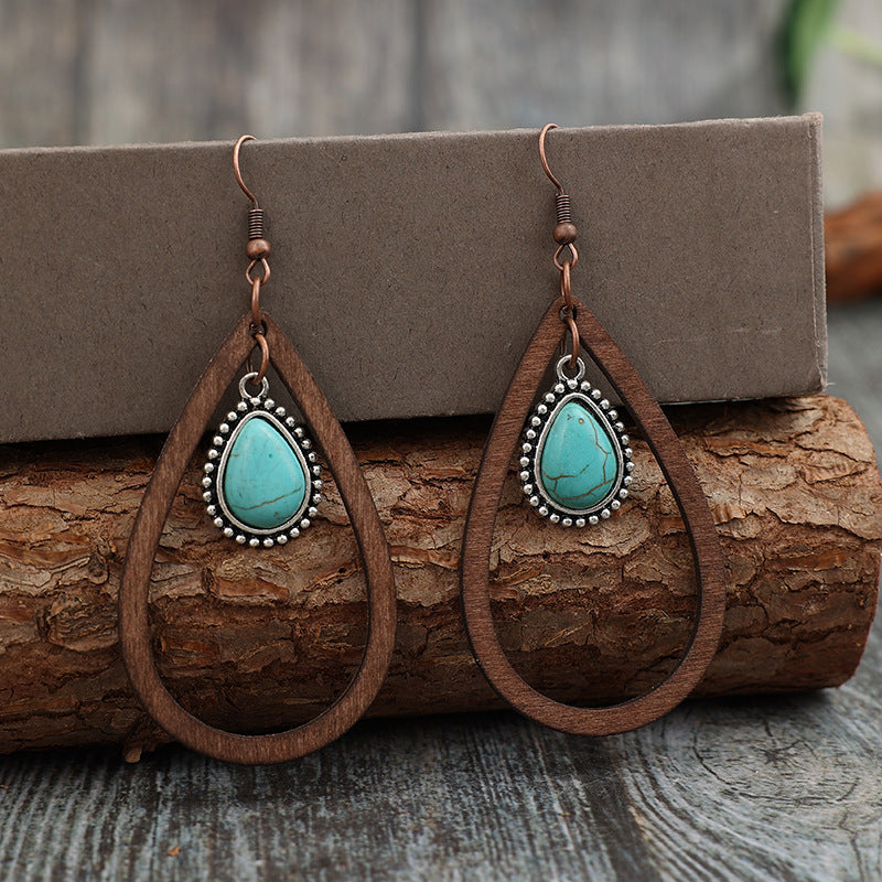 Wooden Turquoise Teardrop Earrings