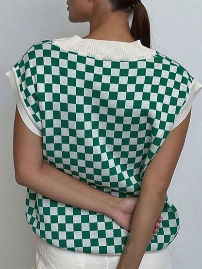 Checkered V-Neck Cap Sleeve Sweater