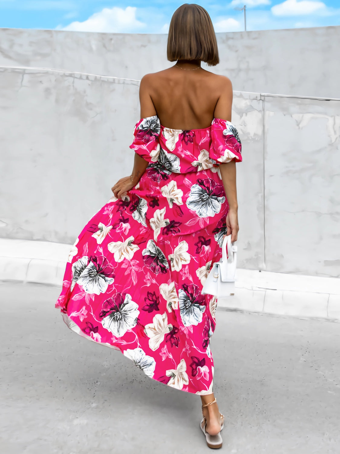 Pleated Floral Off-Shoulder Short Sleeve Midi Dress - Elegant Aura Boutique