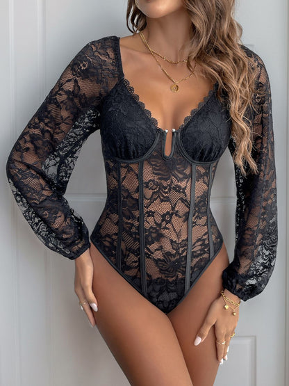 Lace V-Neck Long Sleeve Bodysuit