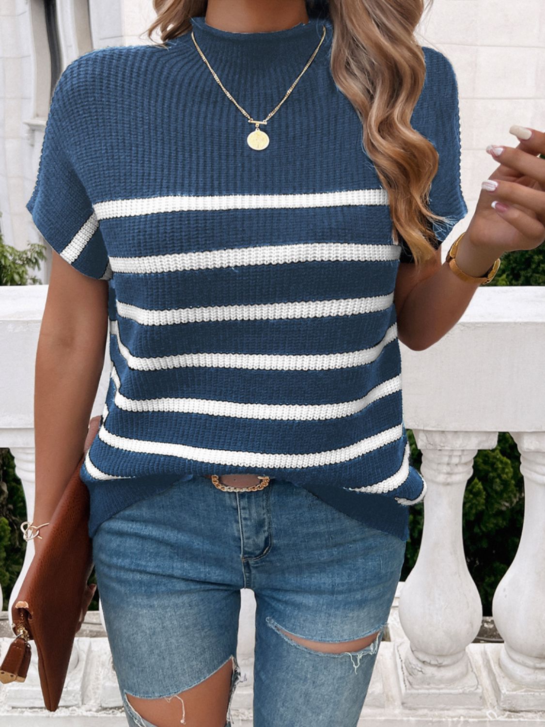 Striped Mock Neck Knit Top