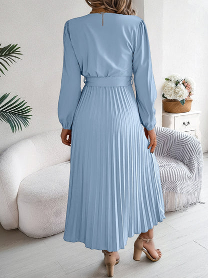 Pleated V-Neck Long Sleeve Dress