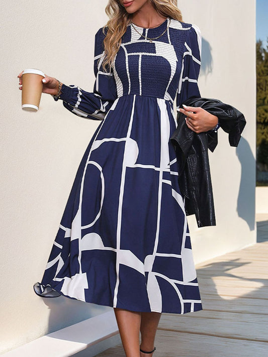 Smocked Color Block Long Sleeve Dress