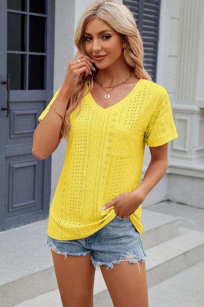 Eyelet V-Neck Short Sleeve Blouse