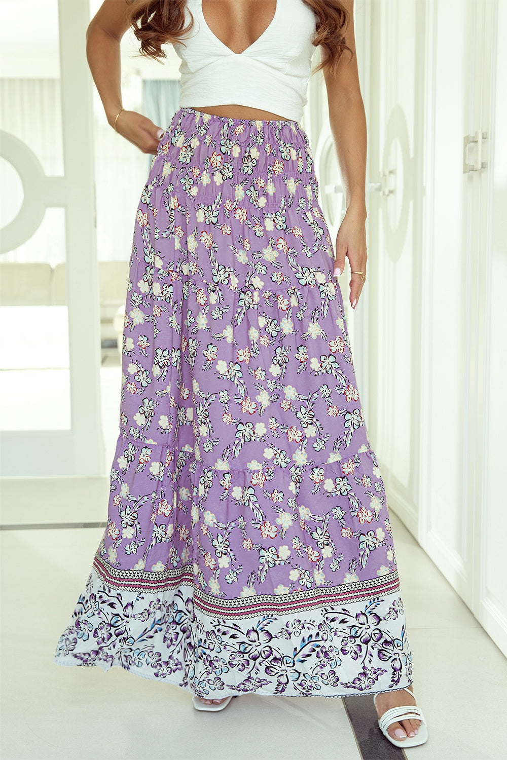 Tiered Printed Elastic Waist Skirt - Elegant Aura Boutique