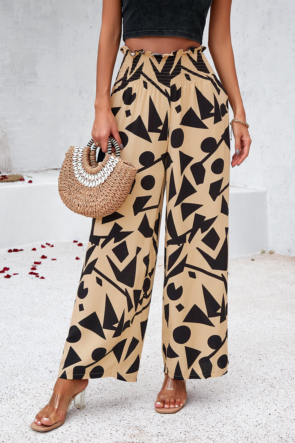 Asymetrical Printed Wide Leg Pants with Pockets - Elegant Aura Boutique