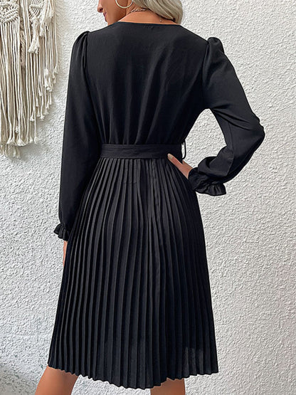 Decorative Button Pleated Dress