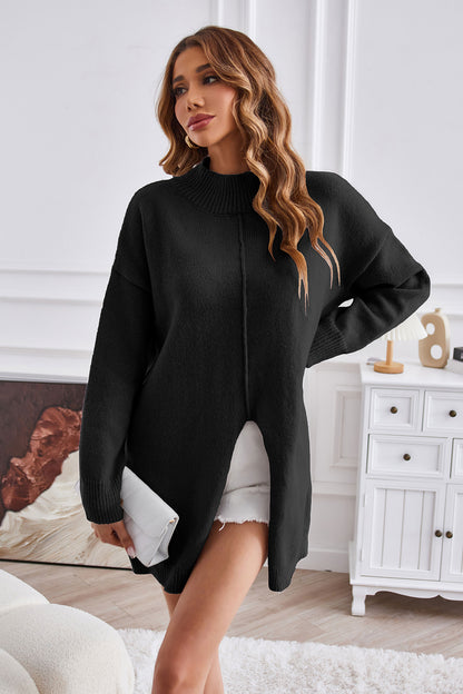 Mock Neck Slit Sweater