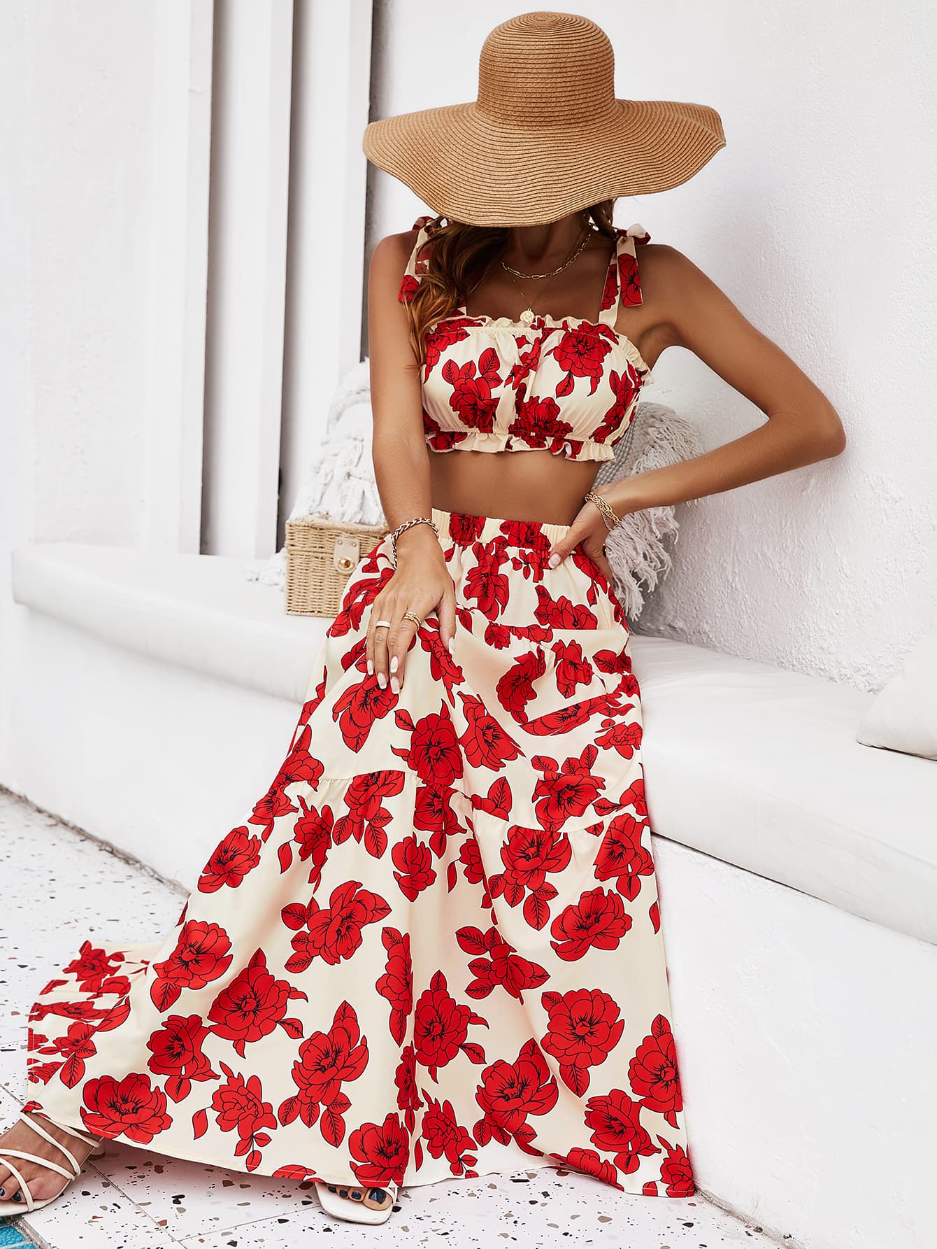 Floral Tie Shoulder Top and Tiered Maxi Skirt Set - Elegant Aura Boutique