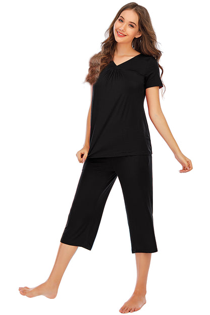 V-Neck Short Sleeve Top and Pants Lounge Set - Elegant Aura Boutique