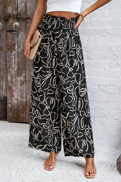 Asymetrical Printed Wide Leg Pants with Pockets - Elegant Aura Boutique