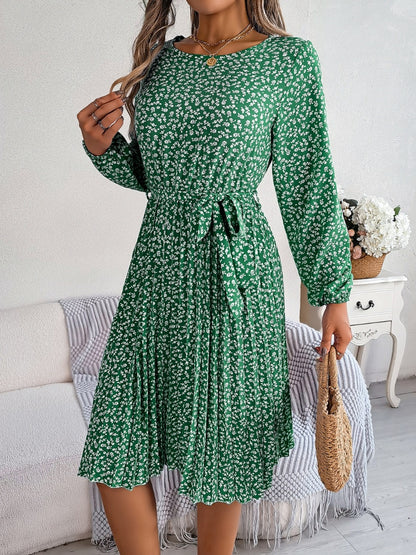 Floral Tie Waist Pleated Dress