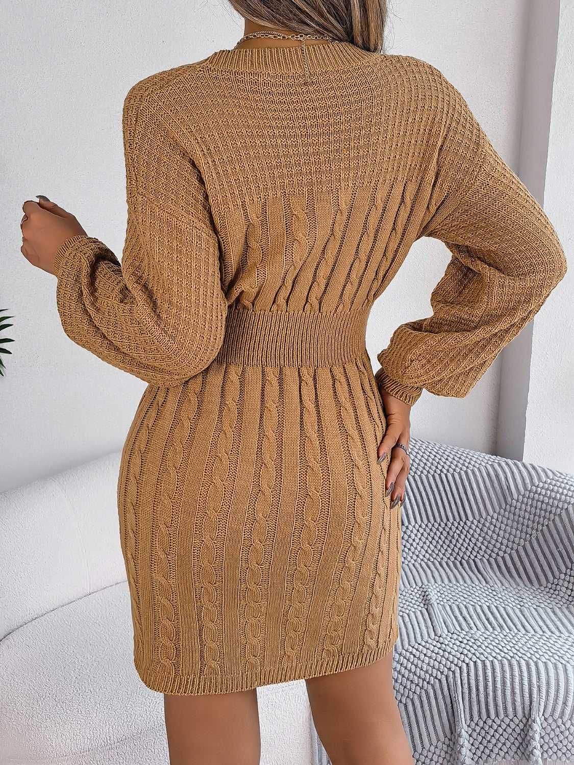 Cable-Knit Cutout Round Neck Slit Dress