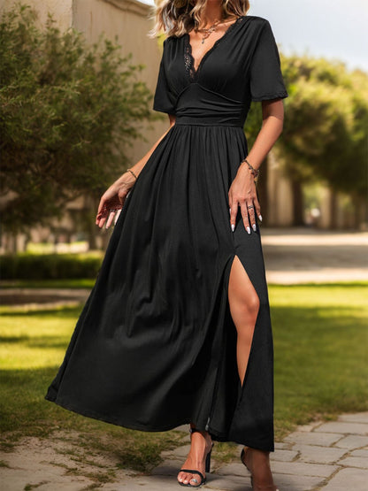 Slit V-Neck Short Sleeve Dress